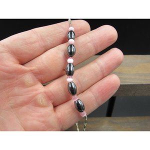 10" Sterling Silver Hematite And Pink Cat's Eye Ankle Bracelet Vintage Elegant